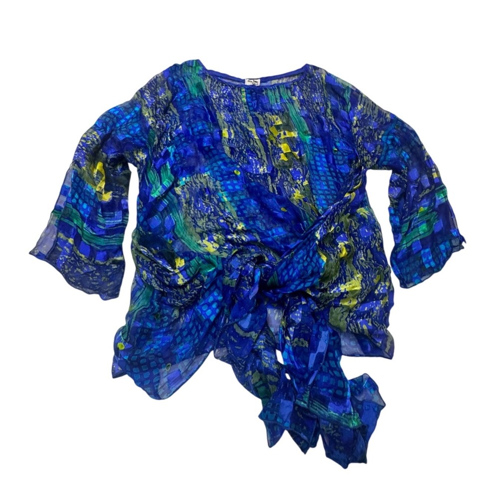 Dem Two Hands 100% Silk Abstract Geometric Tie Front Blouse Blue Made in USA